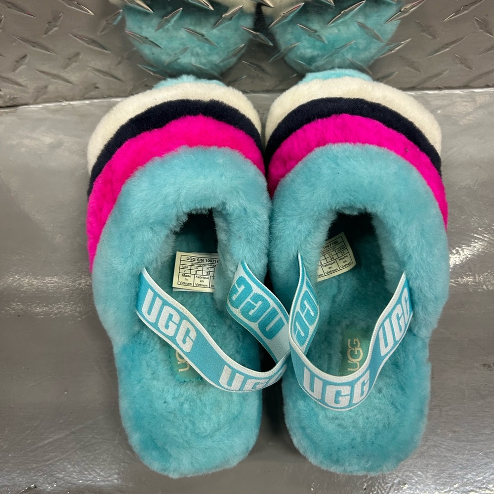 UGG Kids Vibrant Blue and Pink Slippers